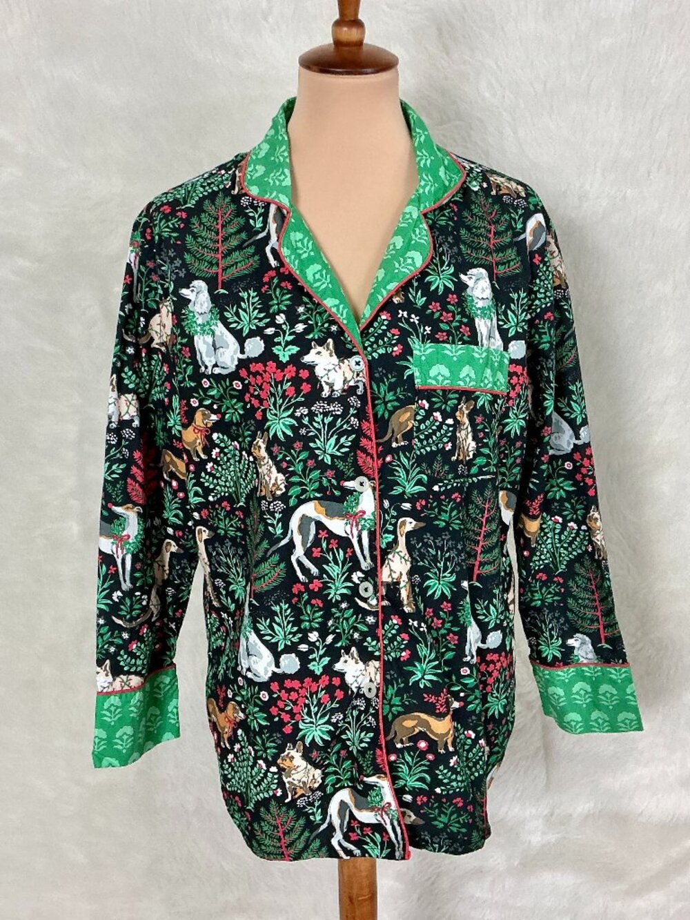 PrintFresh Black Green Christmas Dog Holiday Howlidays Long Sleeve Pajama Top XS